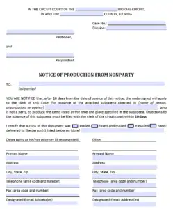 Florida Courts Form 12.931(a) Notice of Production from Nonparty (example)