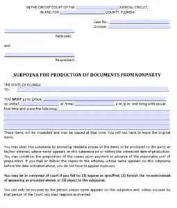 Florida Courts Form 12.931(b) Subpoena for Production of Documents from Nonparty (example)
