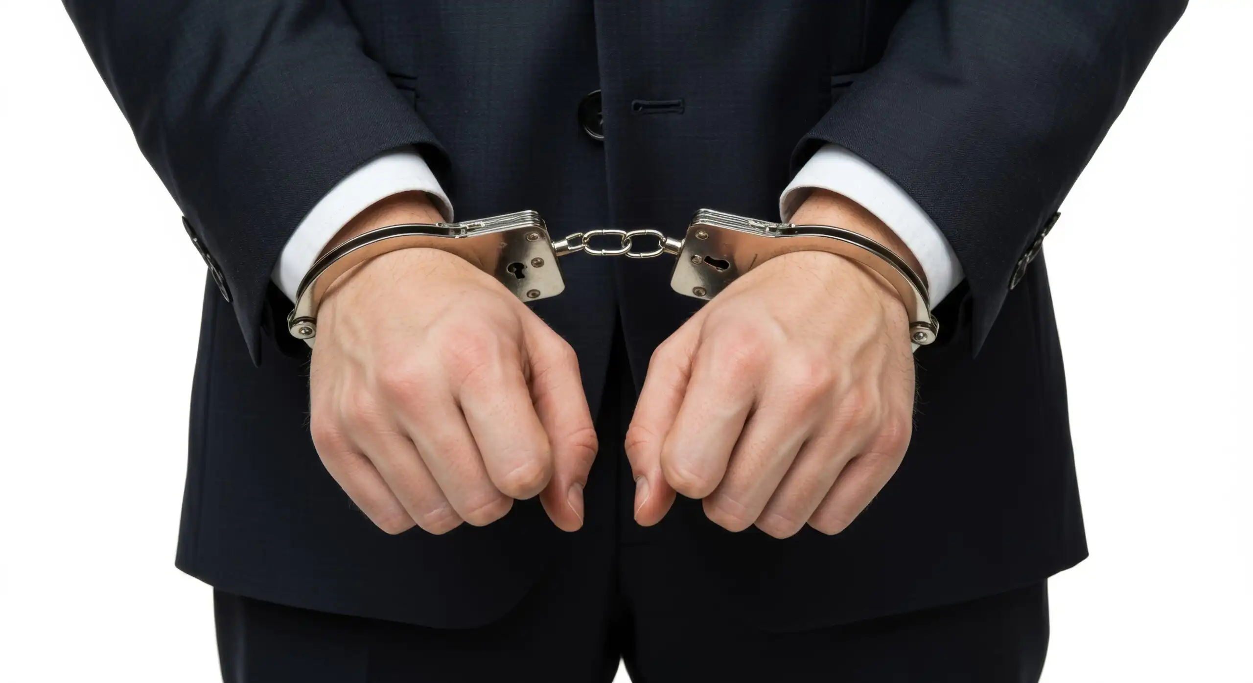 A close-up of a businessman in a dark suit with his hands cuffed in front, symbolizing arrest, white-collar crime, or legal consequences against a clean white background.