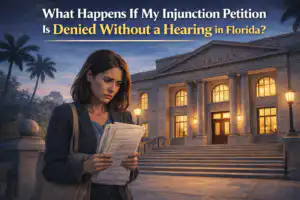 Injunction petition denied without a hearing in Florida as a woman leaves the courthouse