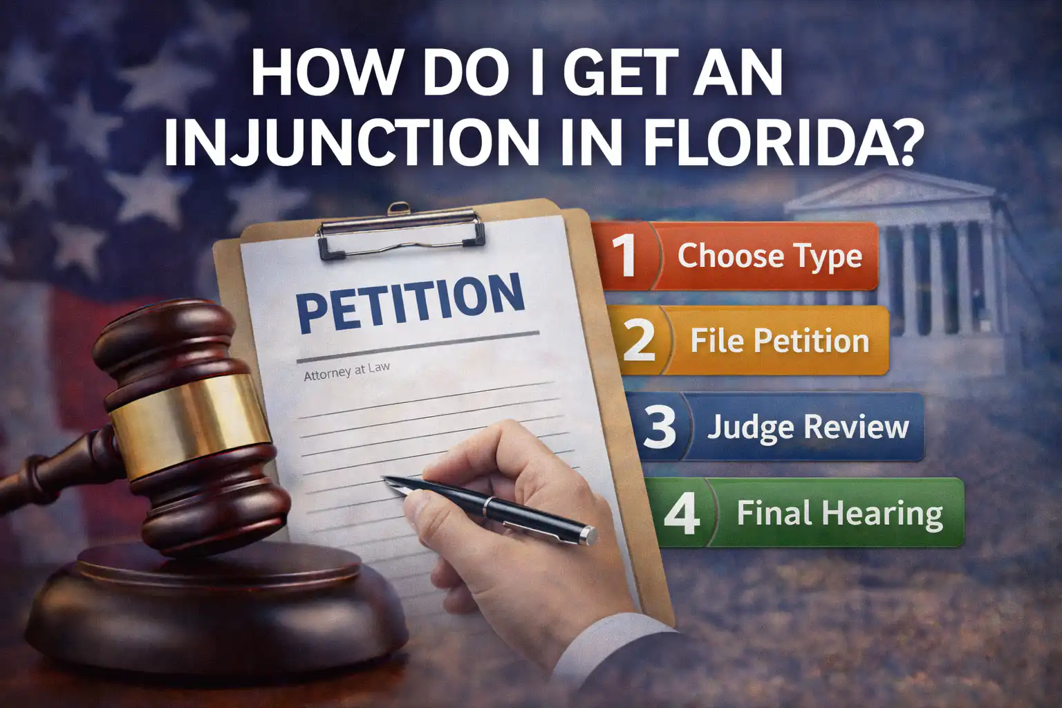 How do I get an injunction in Florida step by step showing petition filing and court process