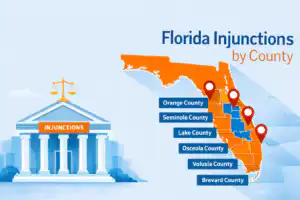 Florida injunctions by county map with courthouse illustration and Central Florida counties highlighted