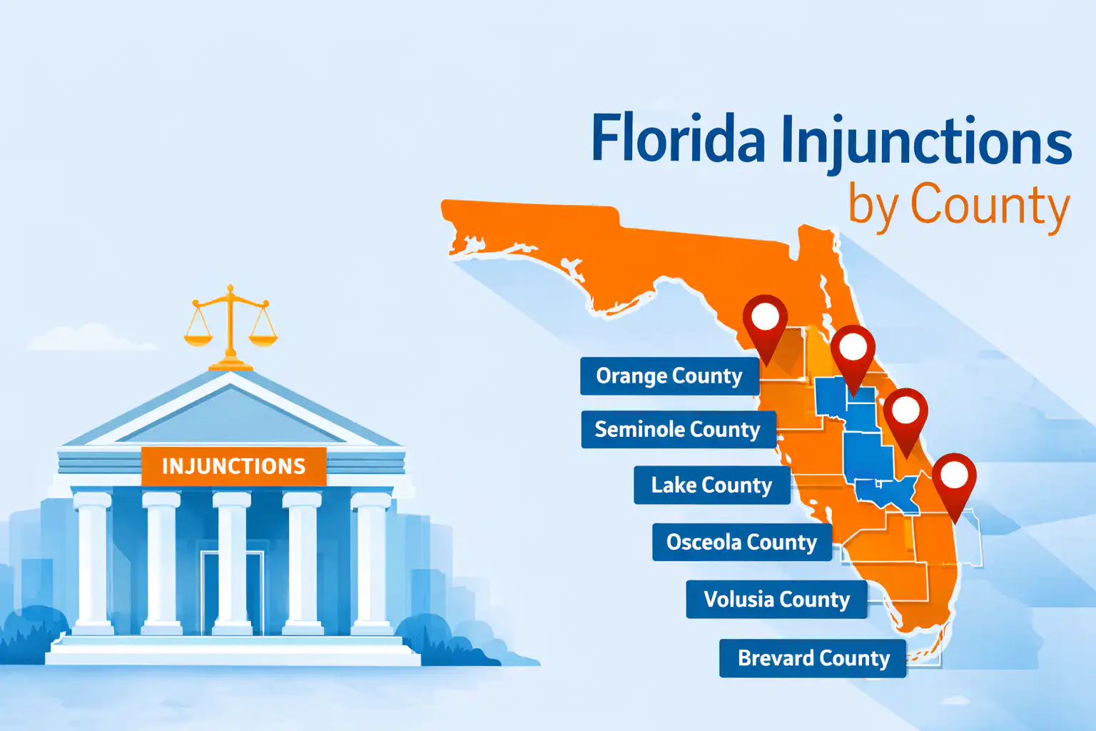 Florida injunctions by county map with courthouse illustration and Central Florida counties highlighted